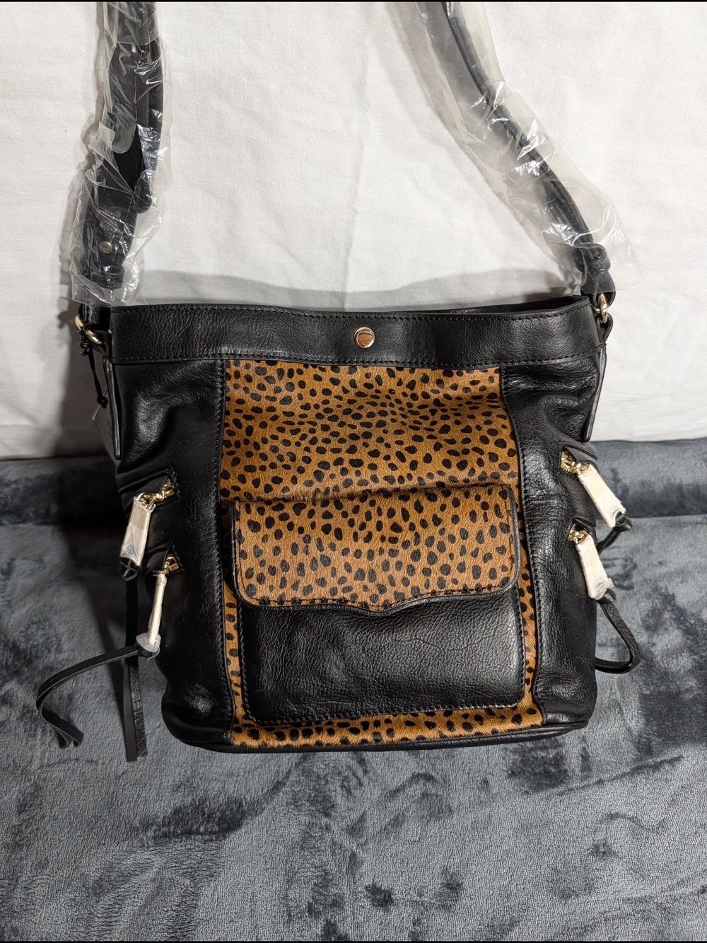 Rebecca Minkoff Black Leather Shoulder Bag with Leopard Print Panel